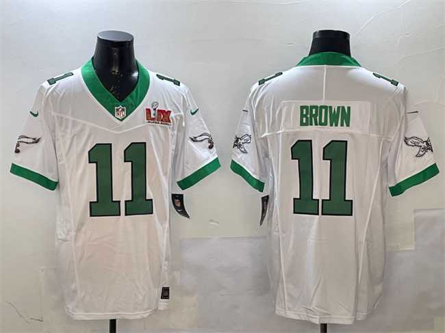 Mens Philadelphia Eagles #11 A.J. Brown White 2025 Super Bowl LIX Patch F.U.S.E. Vapor Untouchable Limited Stitched Jersey